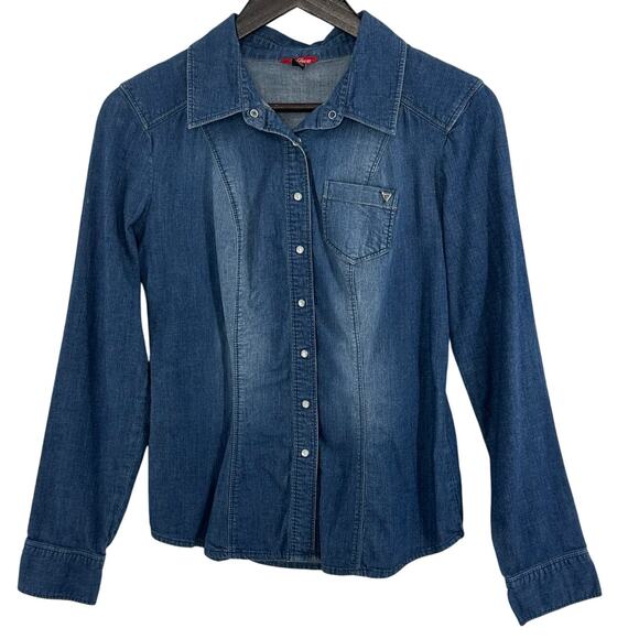 Guess Denim Button Up Blouse Womens Medium Pearl Snaps Chambray Boho Western - Picture 1 of 7